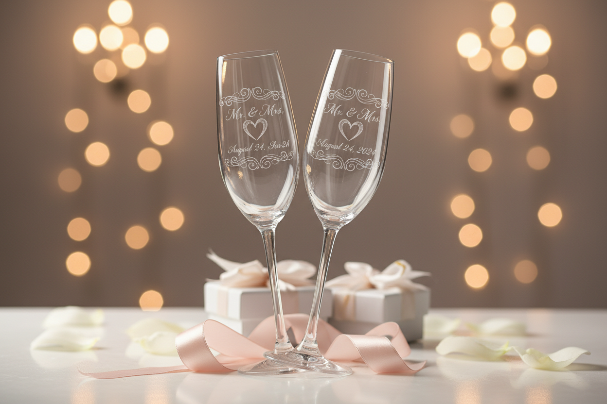 3 of Toast to love with personalized engraved glasses. Whether it's for the bride and groom, wedding party gifts, or guest favors - add custom names, dates, and designs to create beautiful keepsakes that guests will cherish