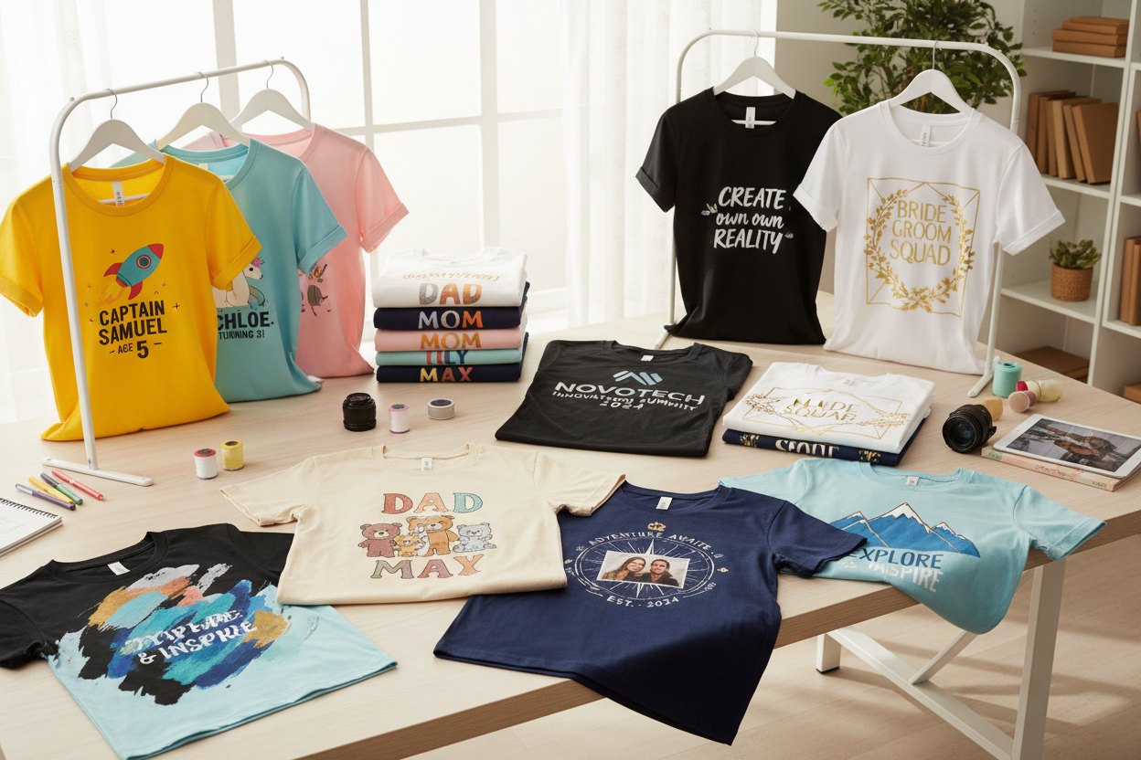 Comprehensive: "Bring your ideas to life with our custom t-shirt printing service. Perfect for couples, kids, birthdays, weddings, corporate events, or just because - design matching family tees, personalized gifts, or unique statement pieces. Add names, photos, quotes, or your own artwork. Whatever you imagine, we can create it."